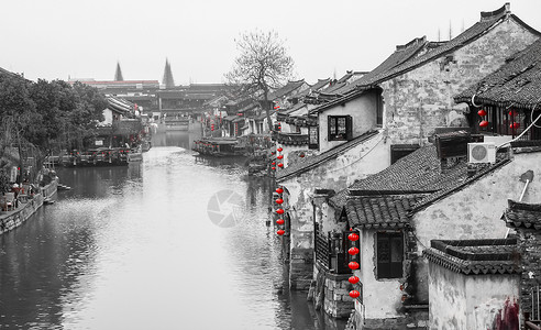 水墨河水墨风格浙江嘉兴西塘风景区背景