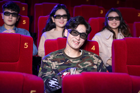 红色空间3D戴3D眼镜看电影的男生背景