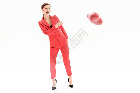 气球素材白底红西装女性手持气球背景