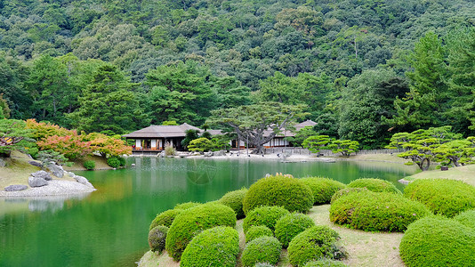 花园林日本高松栗林公园掬月亭远景背景