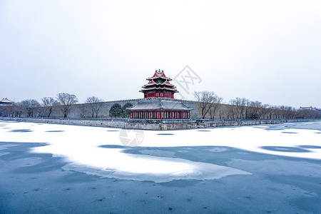 紫禁城雪景冬季北京角楼背景