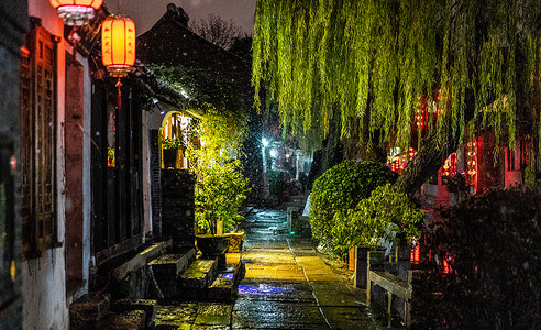 雪夜西塘背景