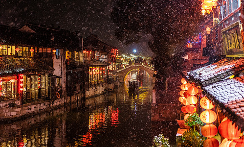 古风雪素材雪夜-西塘背景