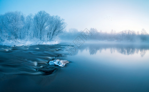 雪景风景手绘冬天雾凇风光背景