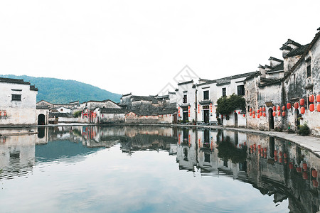 水墨建筑素材徽州宏村月沼湖背景