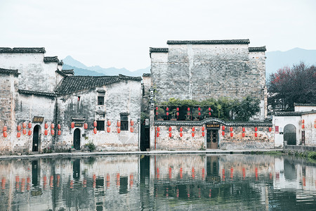 水墨徽州徽州宏村月沼湖背景