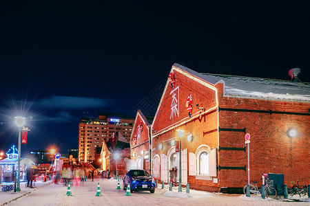 金锥形函馆金森红砖仓库建筑群夜景背景