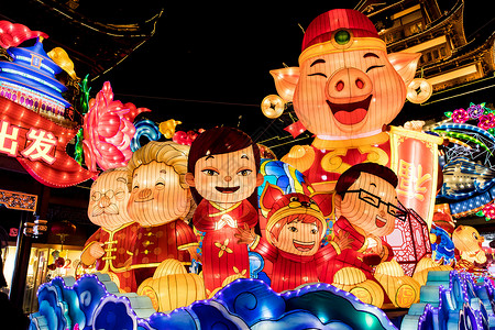 猪年猪送祝福元宵节灯会背景