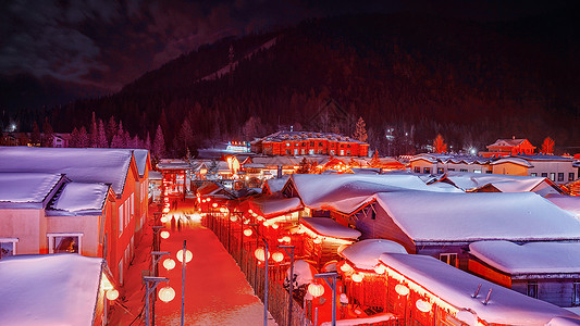 红灯笼雪中国雪乡夜景背景