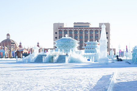 满洲里套娃广场冬季内蒙满洲里冰雕风光背景