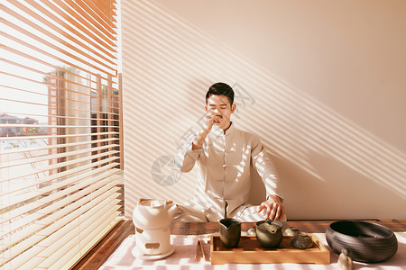 古风男频素材男茶艺师喝茶背景
