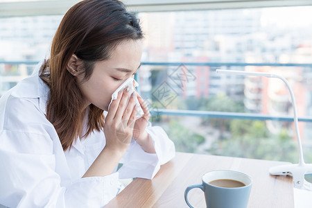 疫情病毒居家女性感冒不适背景