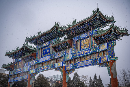 北京地坛庙会雪飘地坛牌坊背景