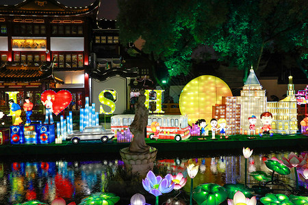 新年大都市上海城隍庙灯会背景