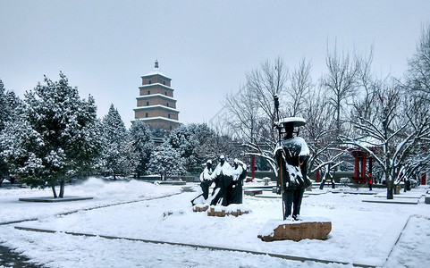 取经的唐僧西安大雁塔雪景背景