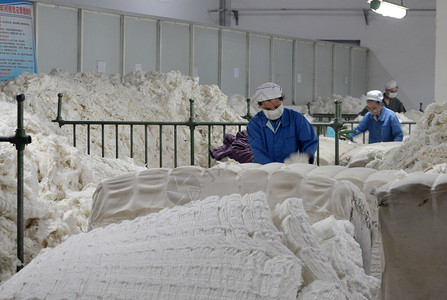 棉工厂现代纺织厂工人清点生产材料背景
