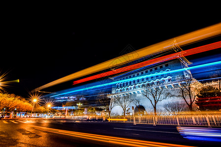 北京古都北京前门正阳门夜景光轨背景