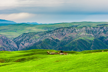 新疆天山草原木屋背景图片