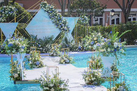 蓝色婚礼现场水上婚礼婚庆仪式背景背景