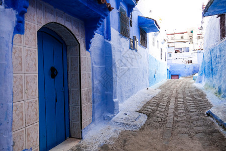 蓝色走道摩洛哥蓝色小镇舍夫沙万背景