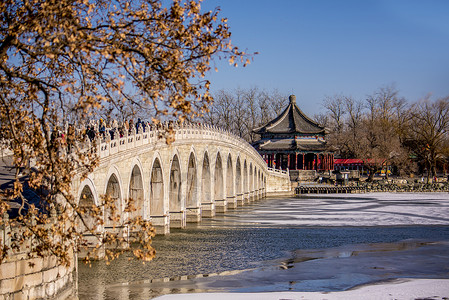 桥颐和园风光风景颐和园十七孔桥的冬天雪景背景