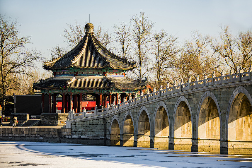 颐和园十七孔桥的冬天雪景图片