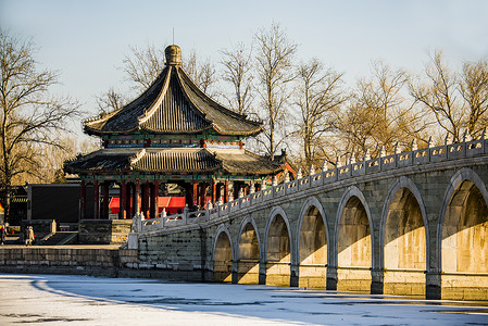 园林雪景图颐和园十七孔桥的冬天雪景背景