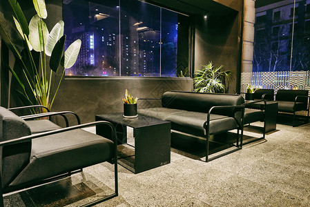 黑色系背景咖啡厅桌椅冷调装饰设计背景