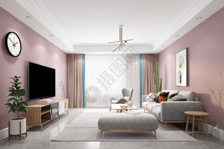 紫色窗帘温馨粉色客厅设计图片