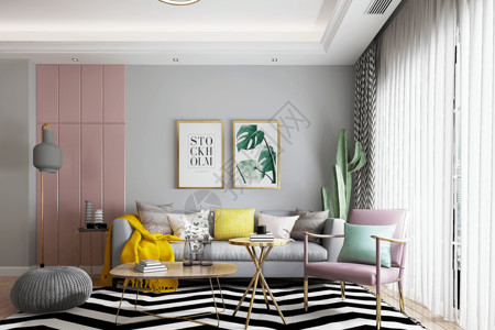 粉色月季花挂画明亮的客厅设计图片