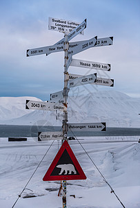 北极城市朗伊尔城冬季指路牌背景图片