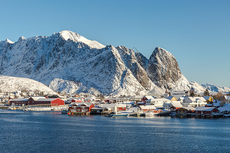 莎罗北极圈冬季罗弗敦群岛雷纳渔村风光背景