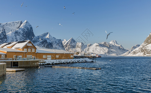 北欧建筑风景北极圈著名旅游胜地罗弗敦群岛上的西沃格岛自然风光背景