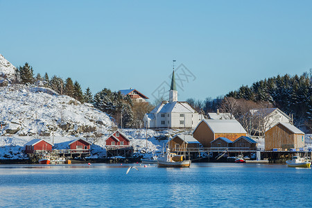 北欧建筑风景北极圈著名旅游胜地罗弗敦群岛上的西沃格岛自然风光背景