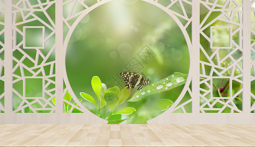 蝴蝶壁画窗外风景设计图片