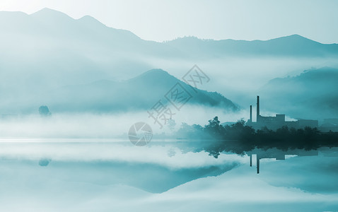 中国风山涧人家山脉河流平流雾背景