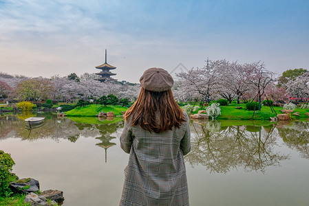 欣赏樱花园美丽风景的女生高清图片