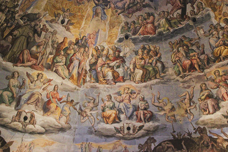 天主教教堂、拜占庭式意大利佛罗伦萨圣母百花大教堂大圆顶壁画背景