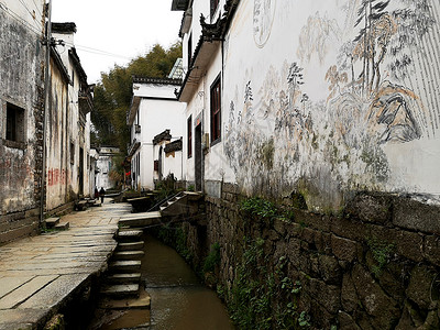 皖南呈坎灵山古村水街背景图片