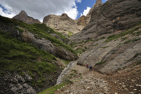 野外小道风景高山之巅上的背包客背景