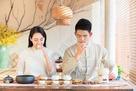 情侣品茶喝茶古风情侣喝茶背景