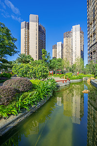 人造内景湖蓝天白云下的小区楼盘背景