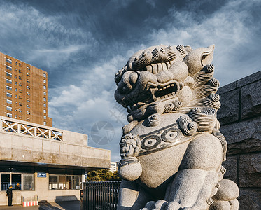 名校大门中国科学技术大学校门石狮背景