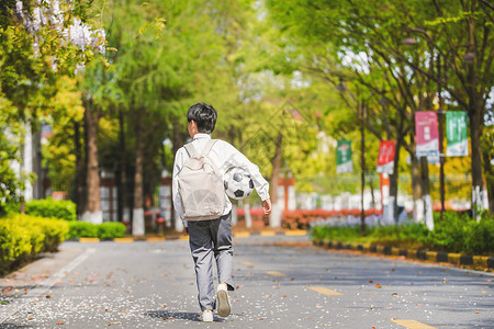 手绘卡通背书包的小男孩小学生放学踢足球背景