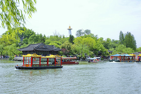 扬州旅游扬州瘦西湖游船背景