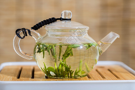 玻璃壶中漂浮的茶芽高清图片