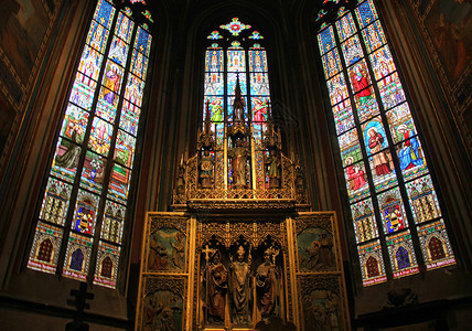 彩绘玻璃窗布拉格圣维特大教堂礼拜堂背景