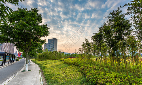 宁波宁海日落城市建筑风光背景