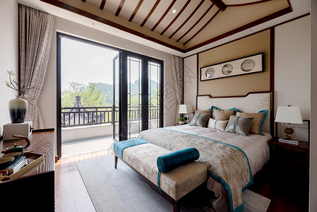 新中式别墅样板房卧室高清图片