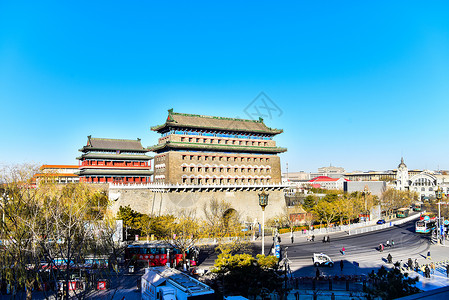蓝天下的北京正阳门箭楼背景图片
